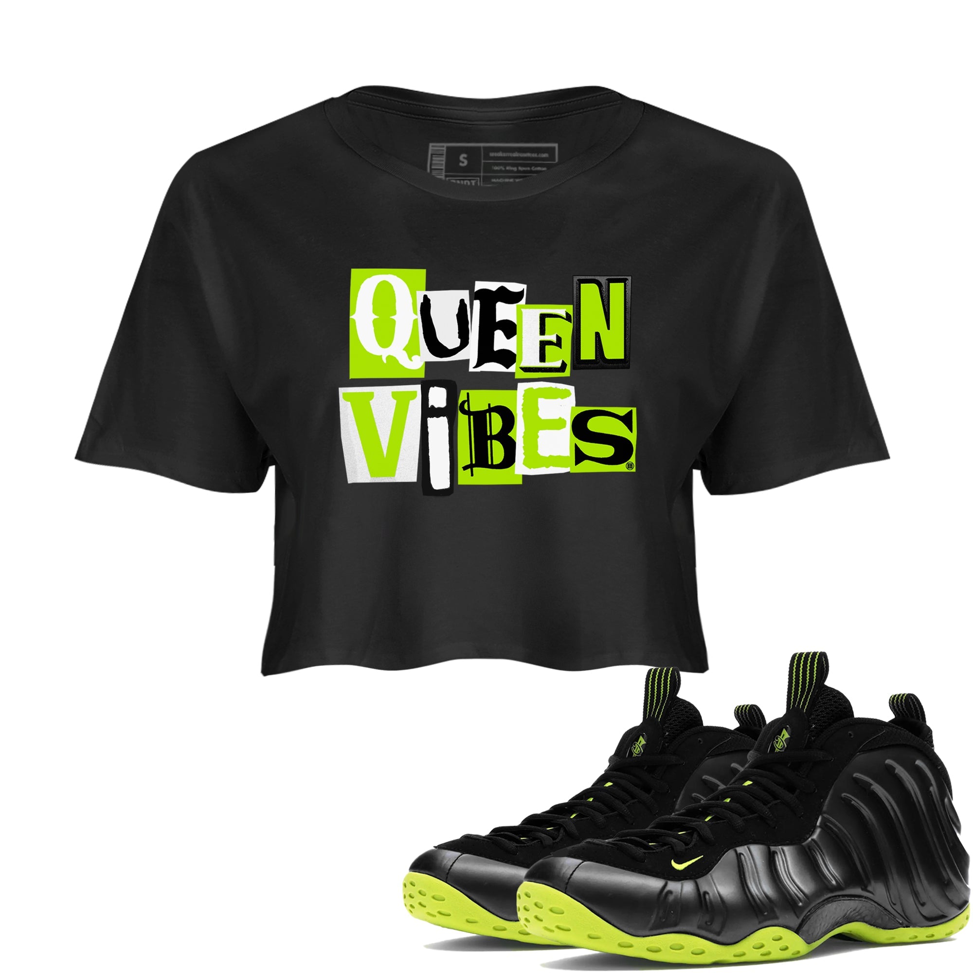 Foams One Black Volt best t shirts to wear with jordans Queen Vibes sneaker match tees Air Foamposite One Black Volt match shoes to clothes SNRT Sneaker Tees unisex cotton Black 1 crop tee