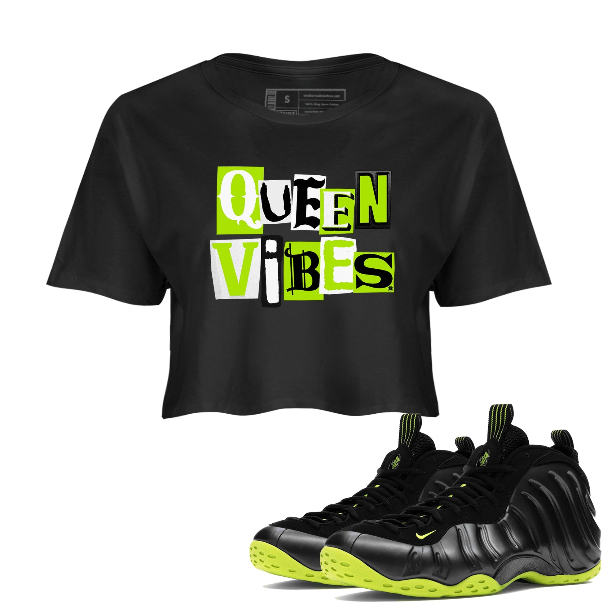 Foams One Black Volt best t shirts to wear with jordans Queen Vibes sneaker match tees Air Foamposite One Black Volt match shoes to clothes SNRT Sneaker Tees unisex cotton Black 1 crop tee