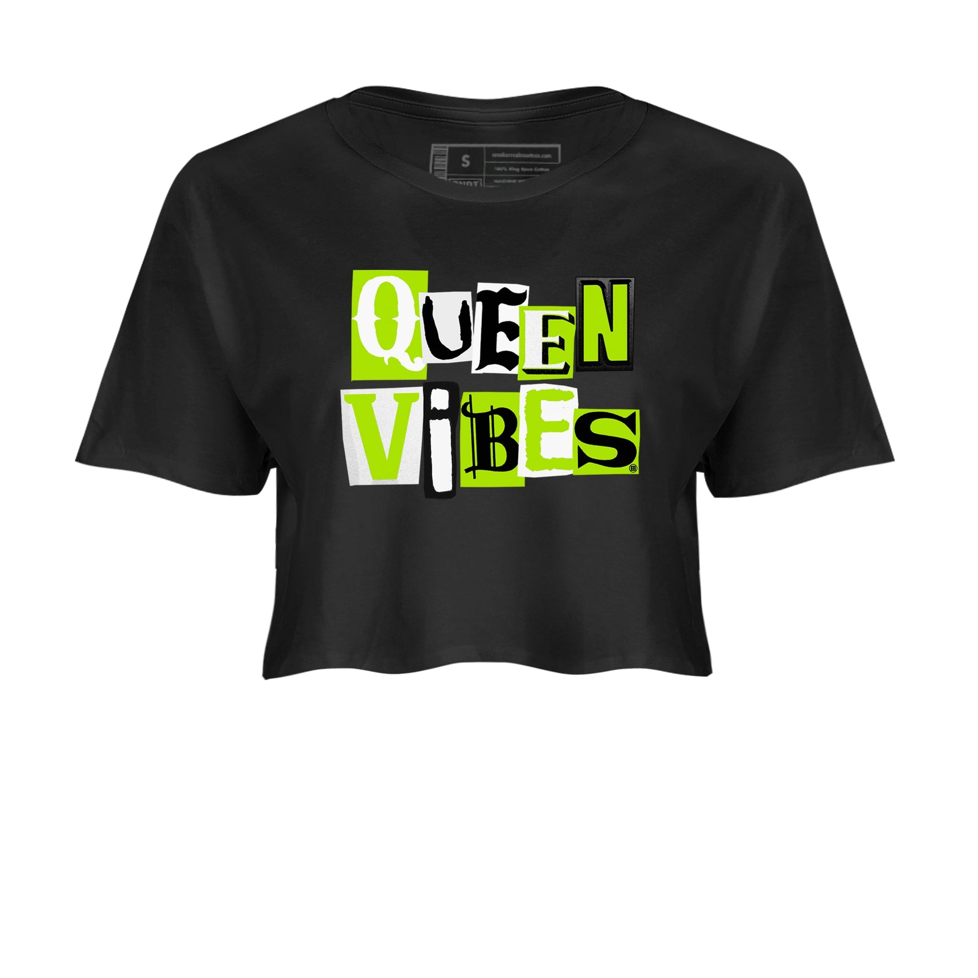 Foams One Black Volt best t shirts to wear with jordans Queen Vibes sneaker match tees Air Foamposite One Black Volt match shoes to clothes SNRT Sneaker Tees unisex cotton Black 2 crop tee
