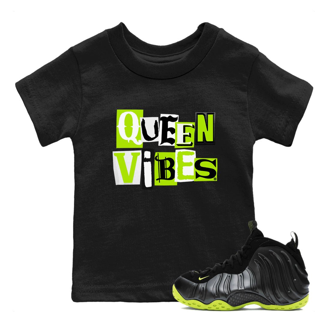 Foams One Black Volt best t shirts to wear with jordans Queen Vibes sneaker match tees Air Foamposite One Black Volt match shoes to clothes SNRT Sneaker Tees Youth Baby Black 1 tee