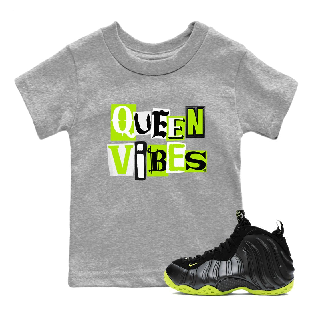 Foams One Black Volt best t shirts to wear with jordans Queen Vibes sneaker match tees Air Foamposite One Black Volt match shoes to clothes SNRT Sneaker Tees Youth Baby Heather Grey 1 tee