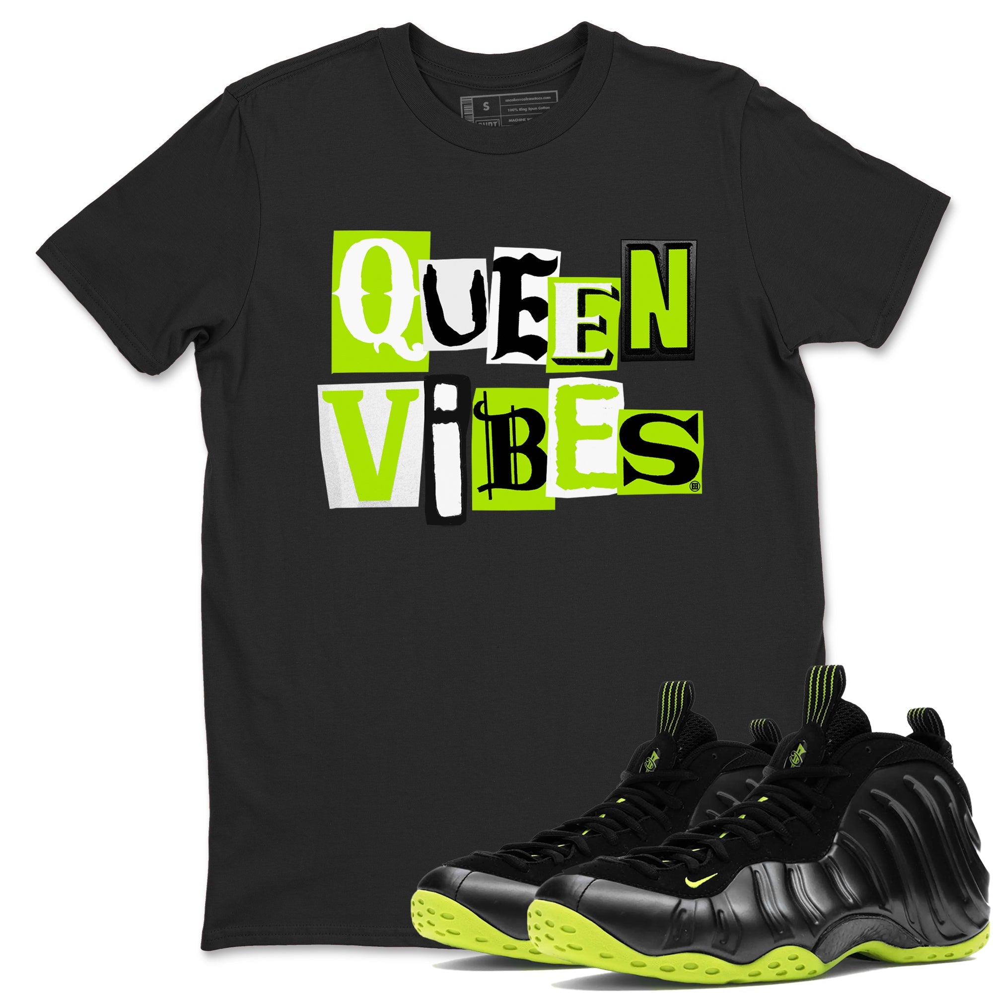 Foams One Black Volt best t shirts to wear with jordans Queen Vibes sneaker match tees Air Foamposite One Black Volt match shoes to clothes SNRT Sneaker Tees unisex cotton Black 1 shirts