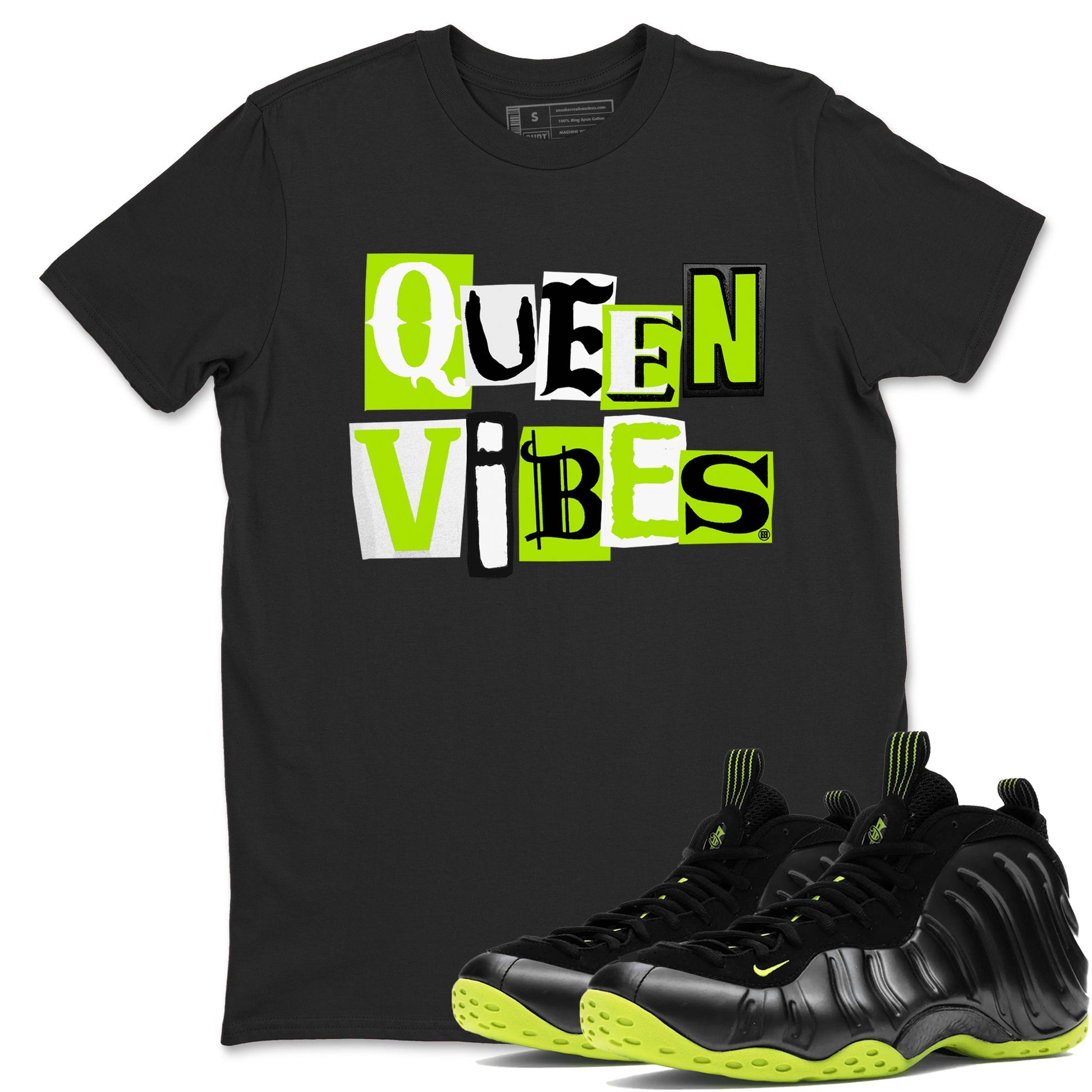 Foams One Black Volt best t shirts to wear with jordans Queen Vibes sneaker match tees Air Foamposite One Black Volt match shoes to clothes SNRT Sneaker Tees unisex cotton Black 1 shirts
