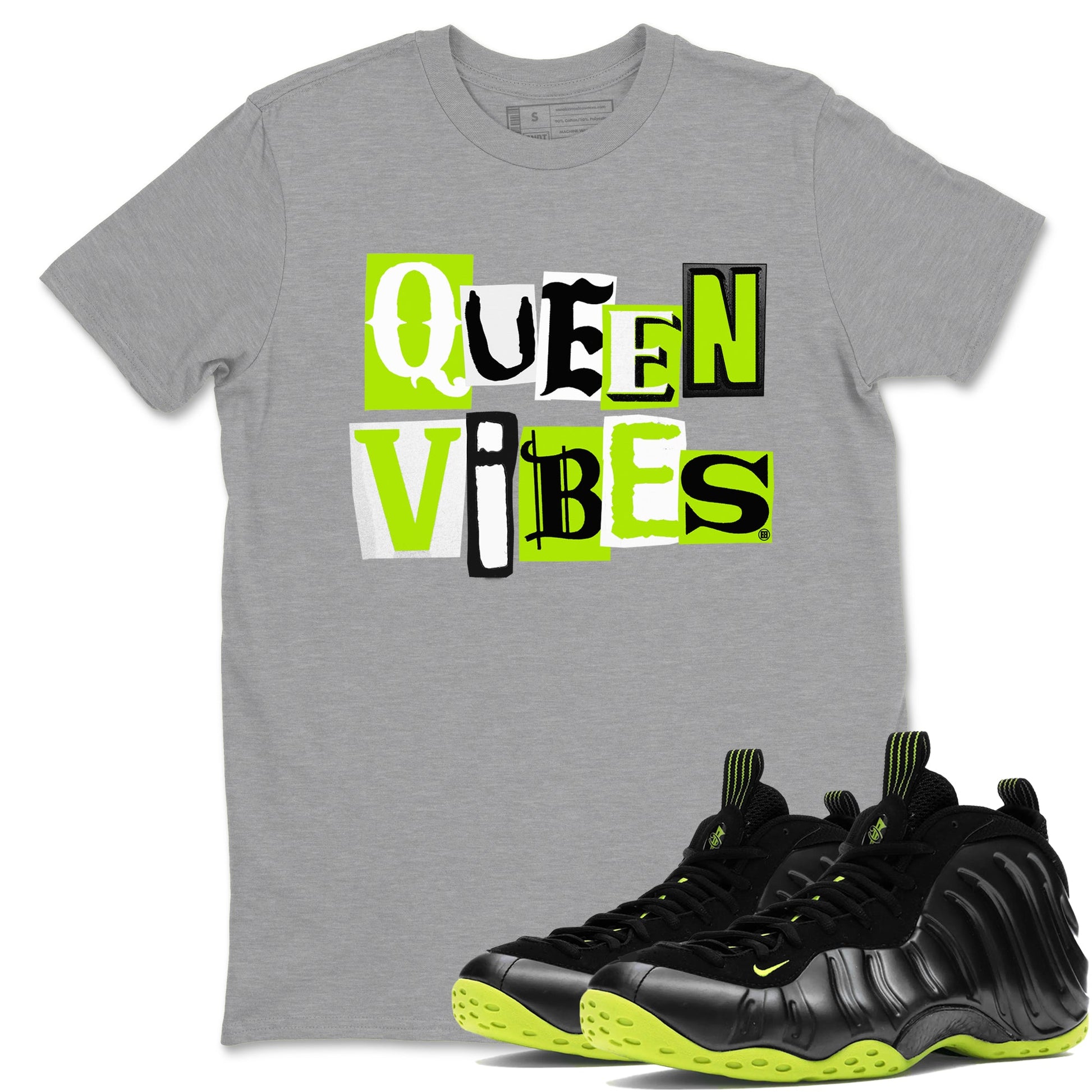 Foams One Black Volt best t shirts to wear with jordans Queen Vibes sneaker match tees Air Foamposite One Black Volt match shoes to clothes SNRT Sneaker Tees unisex cotton Heather Grey 1 shirts