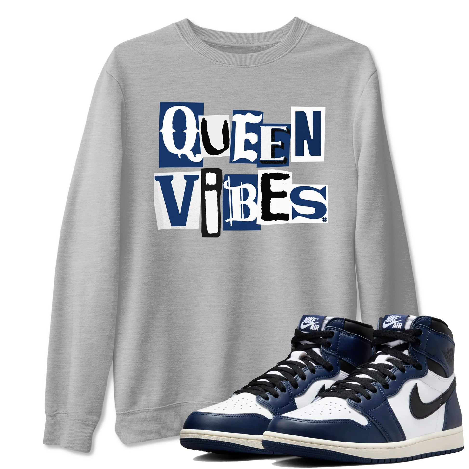 1s Midnight Navy shirts to match jordans Queen Vibes sneaker match tees Air Jordan 1 Midnight Navy match shoes to clothes SNRT Sneaker Tees unisex cotton Heather Grey 1 shirts