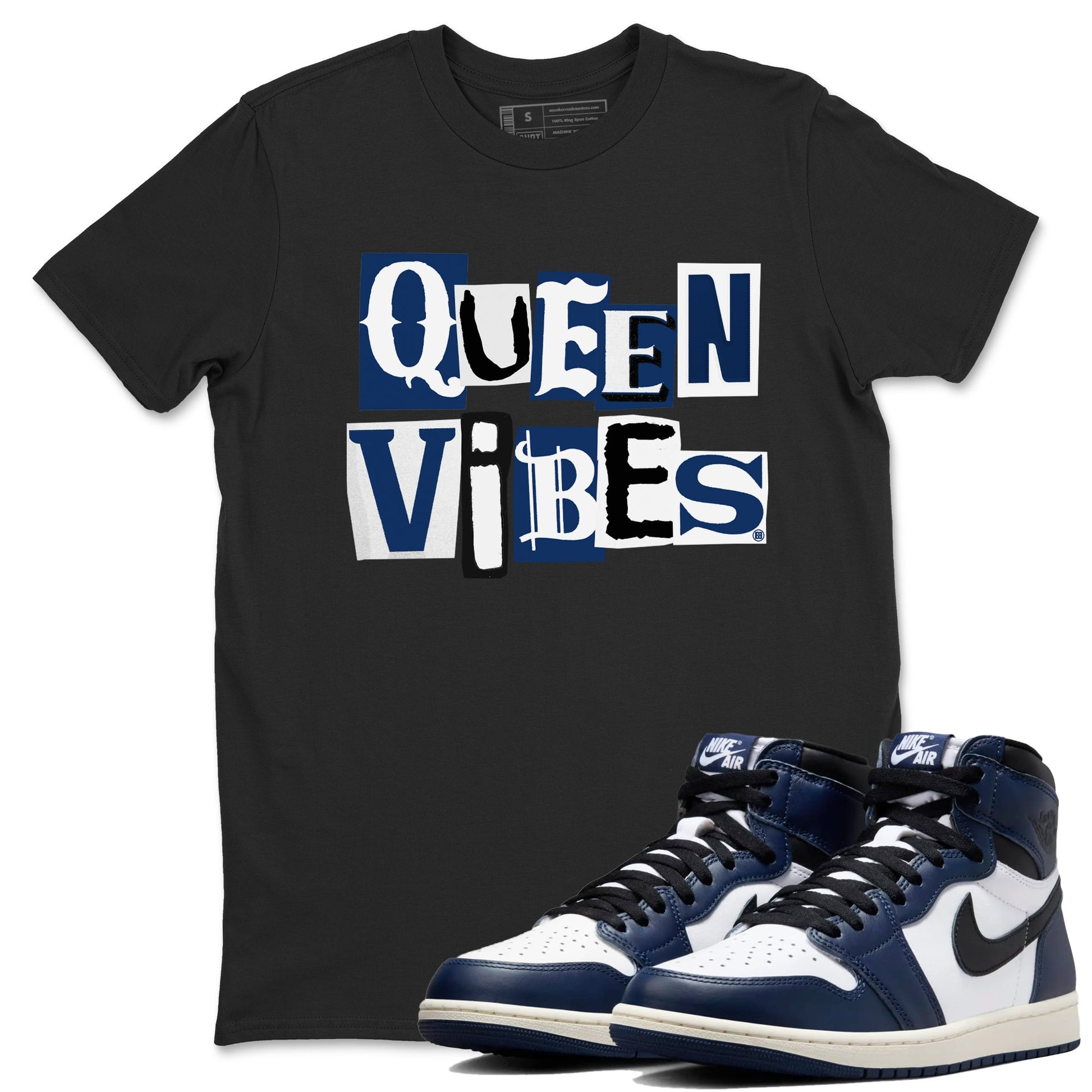 1s Midnight Navy shirts to match jordans Queen Vibes sneaker match tees Air Jordan 1 Midnight Navy match shoes to clothes SNRT Sneaker Tees unisex cotton Black 1 shirts