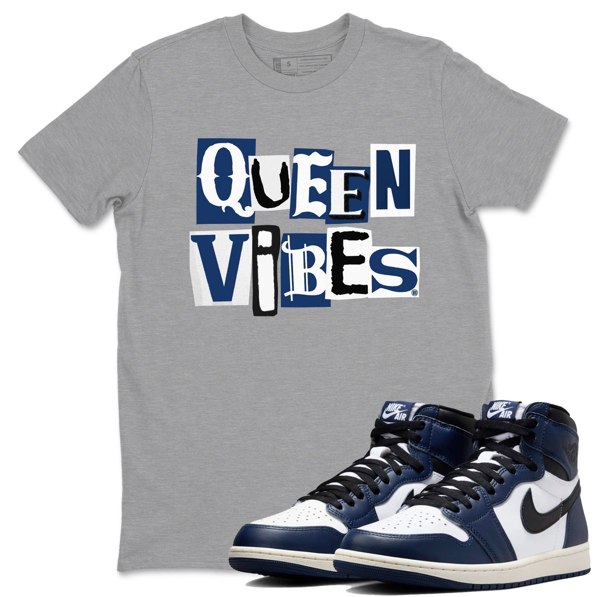 1s Midnight Navy shirts to match jordans Queen Vibes sneaker match tees Air Jordan 1 Midnight Navy match shoes to clothes SNRT Sneaker Tees unisex cotton Heather Grey 1 shirts