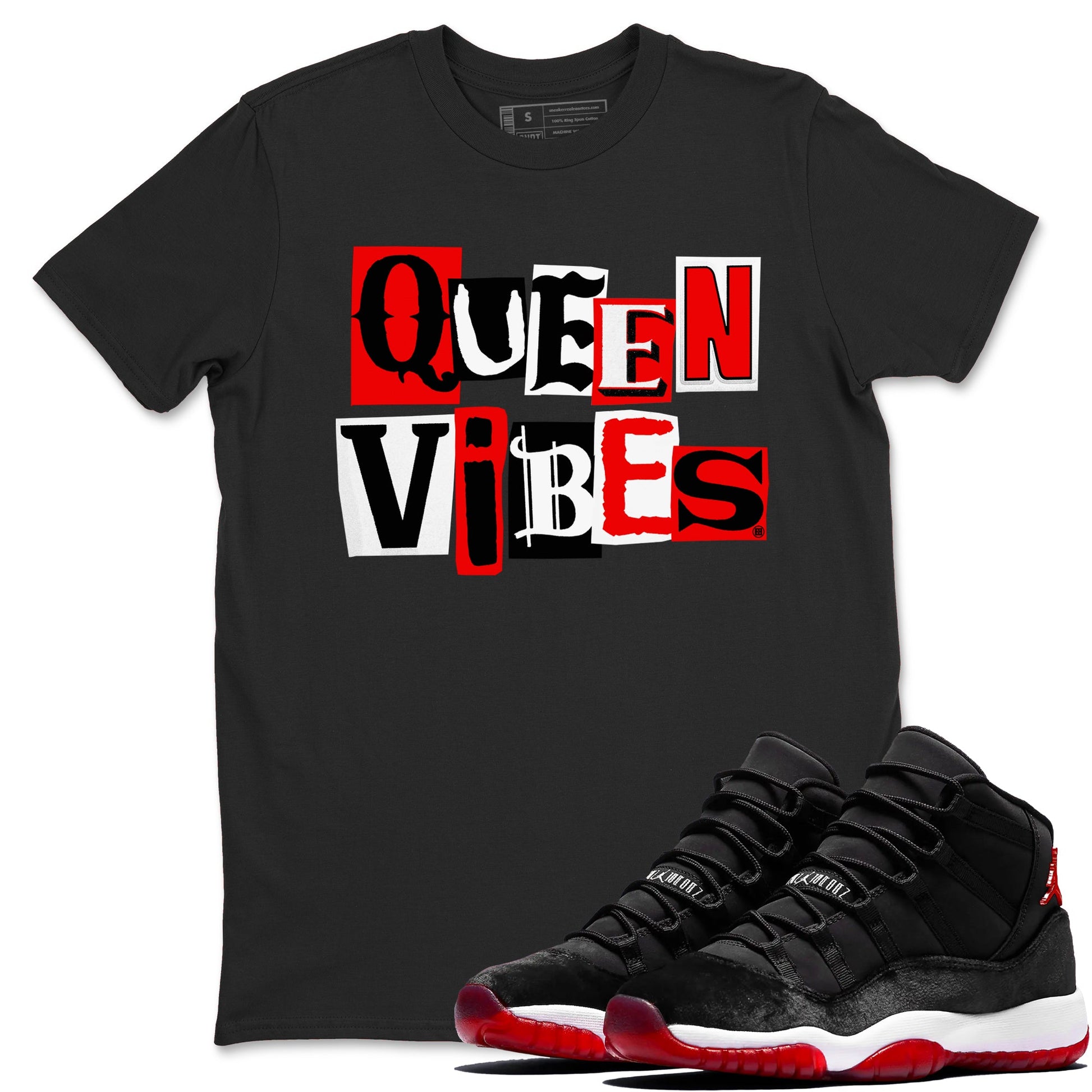 11s Bred Velvet shirts to match jordans Queen Vibes sneaker match tees Air Jordan 11 Retro Bred Velvet match shoes to clothes SNRT Sneaker Tees unisex cotton Black 1 shirts