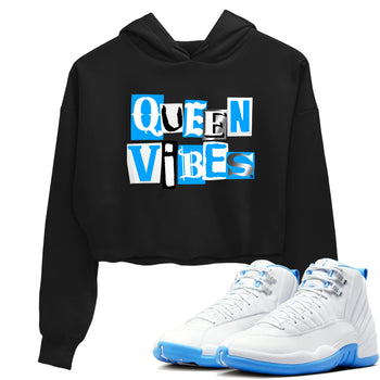 Queen Vibes womens crop tee made to vibe with the Air Jordan 12 White and University Blue sneakers — the perfect match in Black 1.