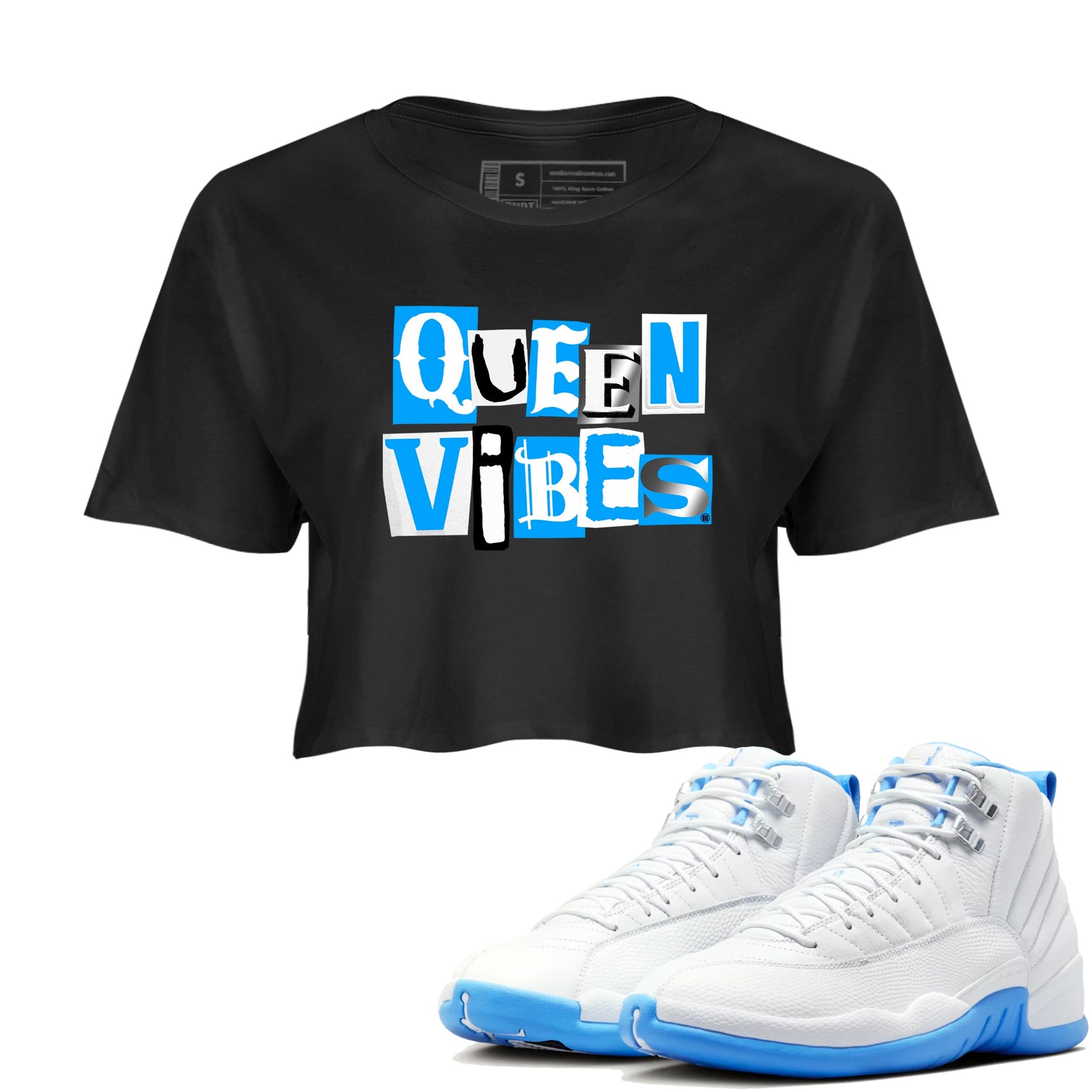 Queen Vibes womens crop tee made to vibe with the Air Jordan 12 White and University Blue sneakers — the perfect match in Black 1.