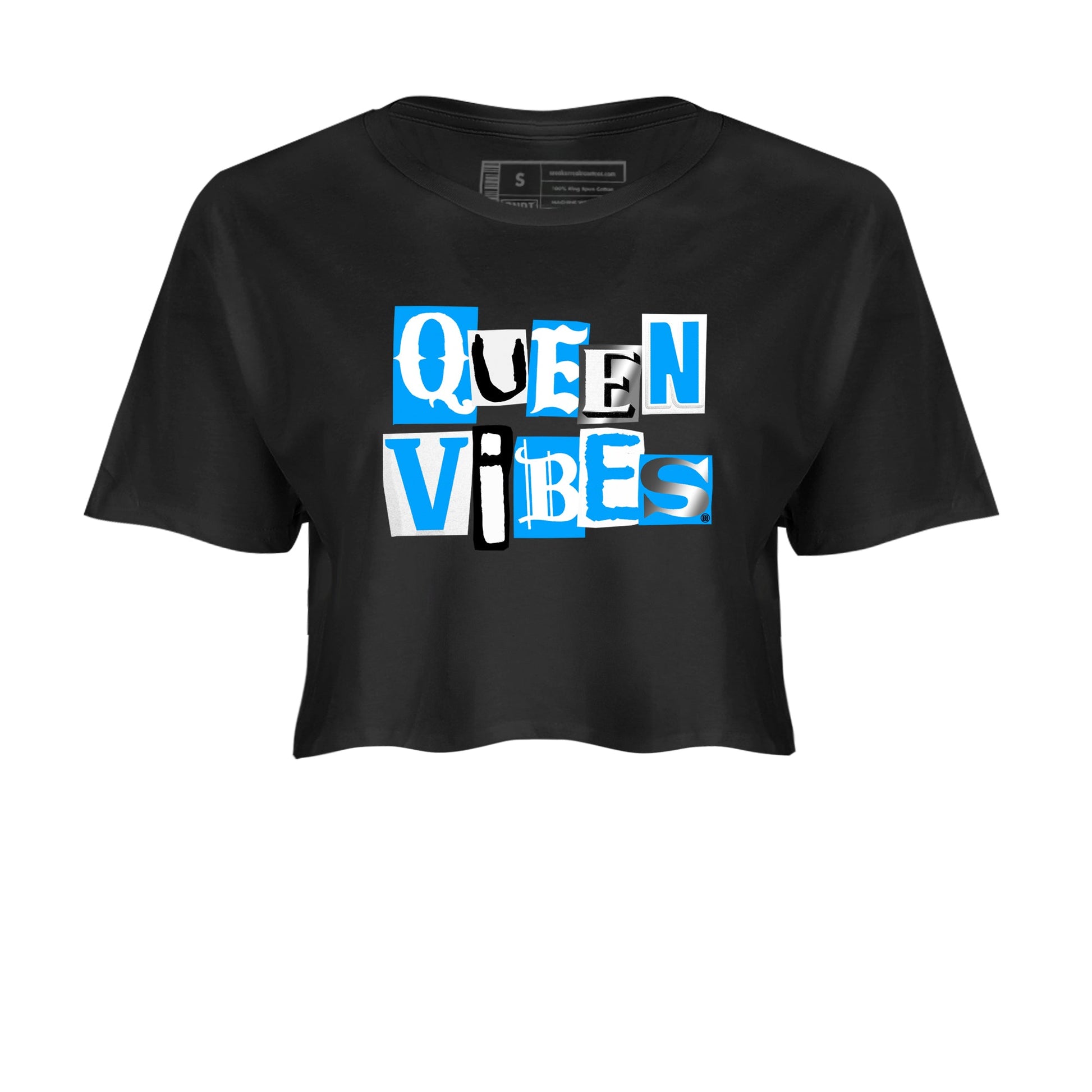 Queen Vibes womens crop tee made to vibe with the Air Jordan 12 White and University Blue sneakers — the perfect match in Black 2.