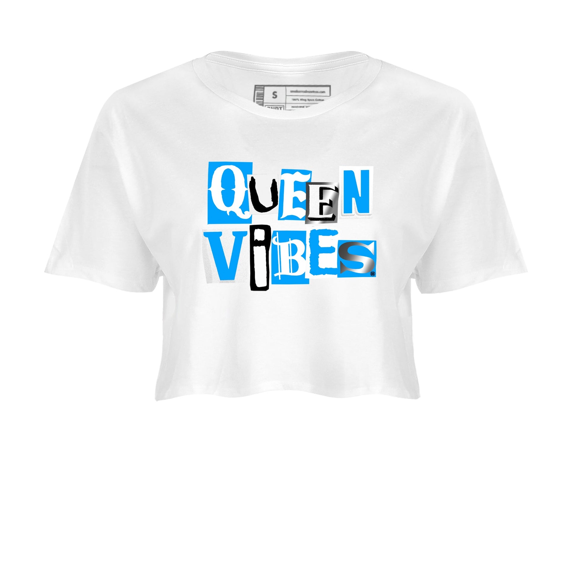 Queen Vibes womens crop tee made to vibe with the Air Jordan 12 White and University Blue sneakers — the perfect match in White 2.
