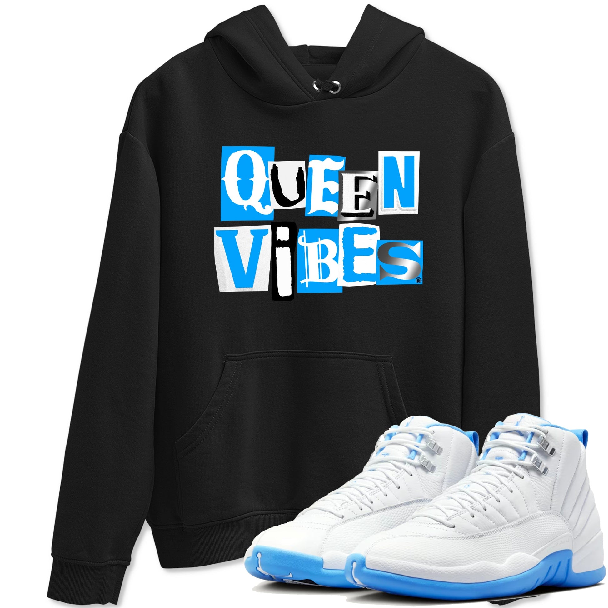 Queen Vibes sneaker match t-shirt styled to complete your fit with the Air Jordan 12 White and University Blue sneakers, shown in Black 1.