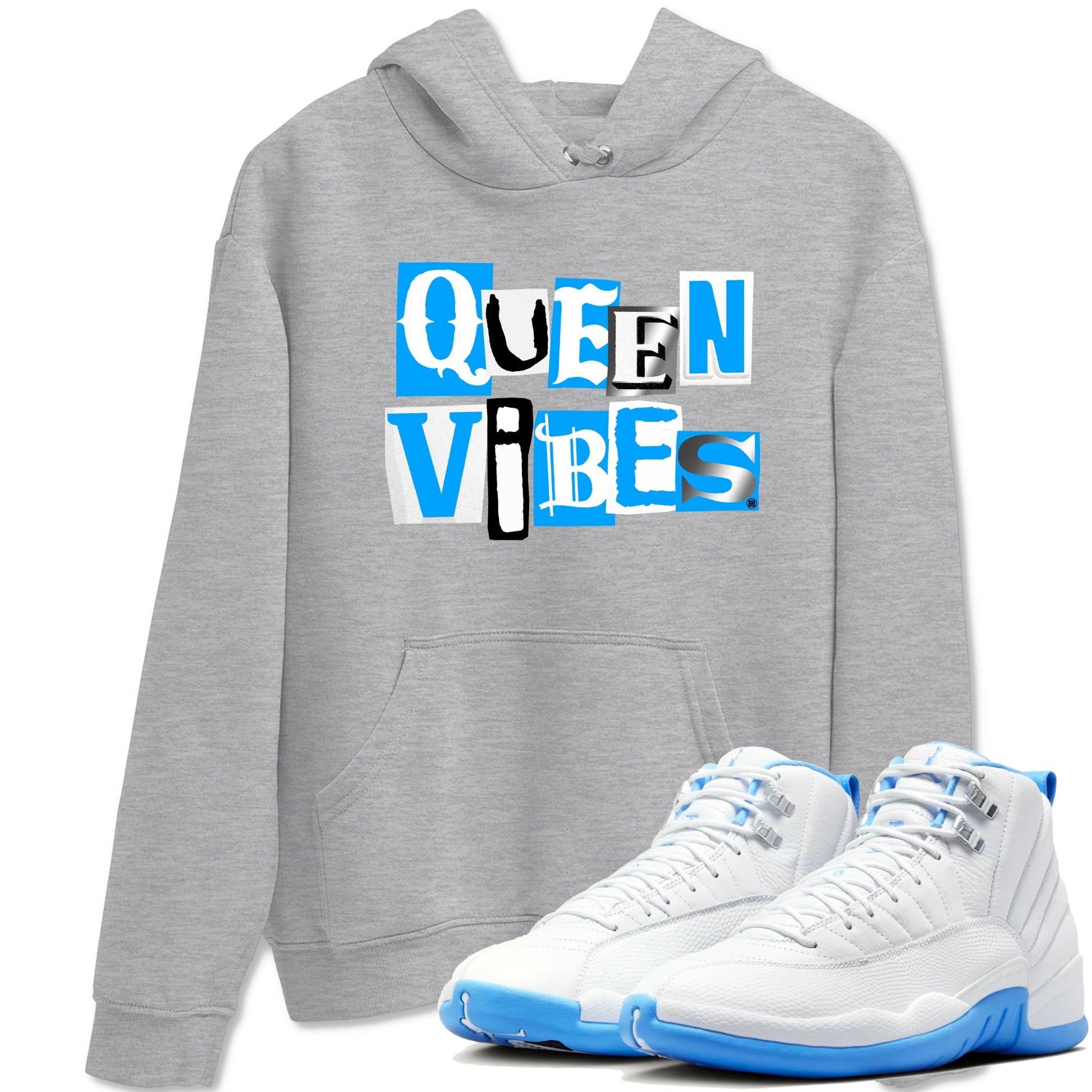 Queen Vibes sneaker match t-shirt styled to complete your fit with the Air Jordan 12 White and University Blue sneakers, shown in Heather Grey 1.