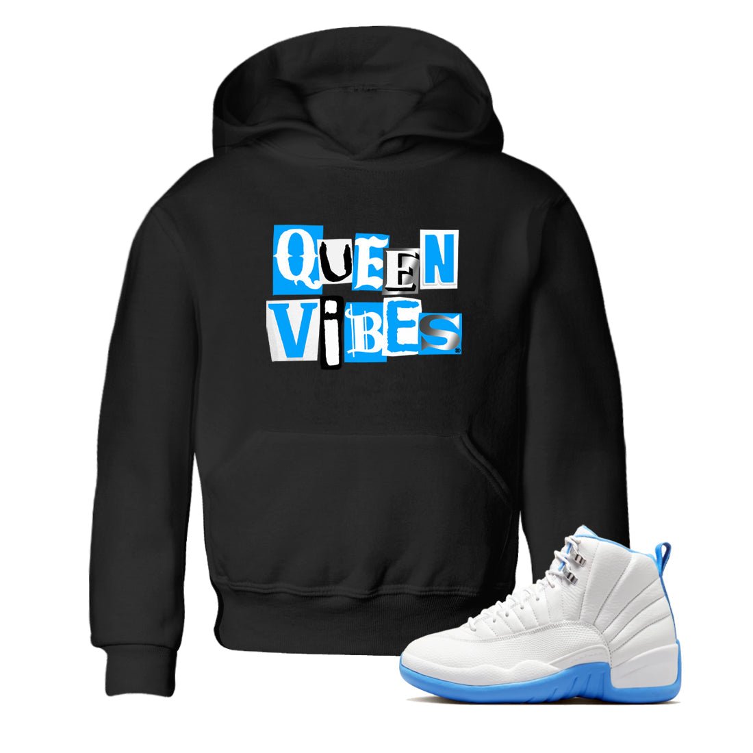 Queen Vibes baby and kids t-shirt crafted for little sneakerheads to shine with the Air Jordan 12 White and University Blue sneakers, displayed in Black 1.