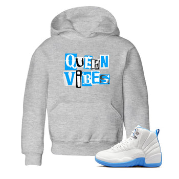 Queen Vibes baby and kids t-shirt crafted for little sneakerheads to shine with the Air Jordan 12 White and University Blue sneakers, displayed in Heather Grey 1.