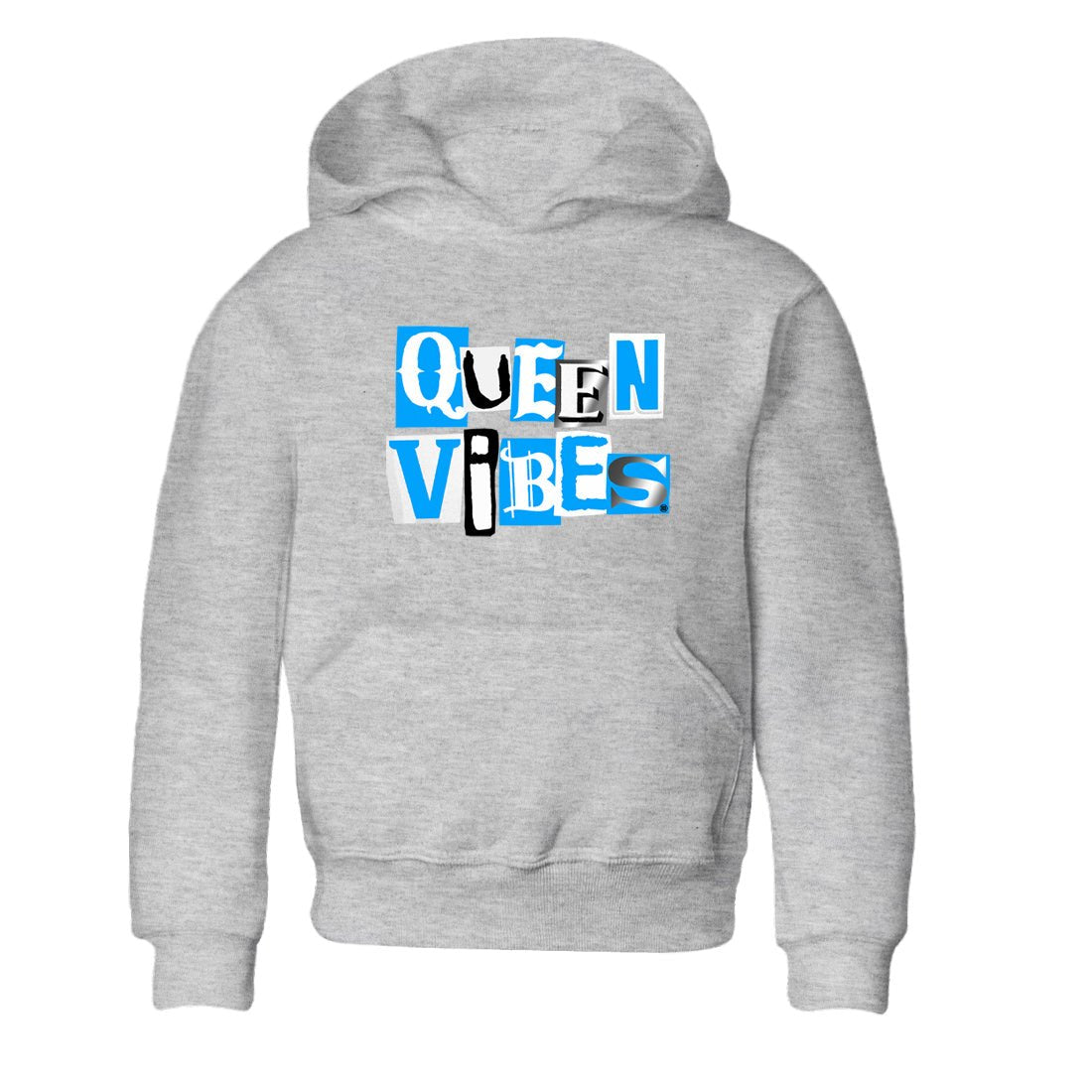 Queen Vibes baby and kids t-shirt crafted for little sneakerheads to shine with the Air Jordan 12 White and University Blue sneakers, displayed in Heather Grey 2.