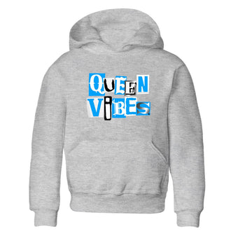 Queen Vibes baby and kids t-shirt crafted for little sneakerheads to shine with the Air Jordan 12 White and University Blue sneakers, displayed in Heather Grey 2.