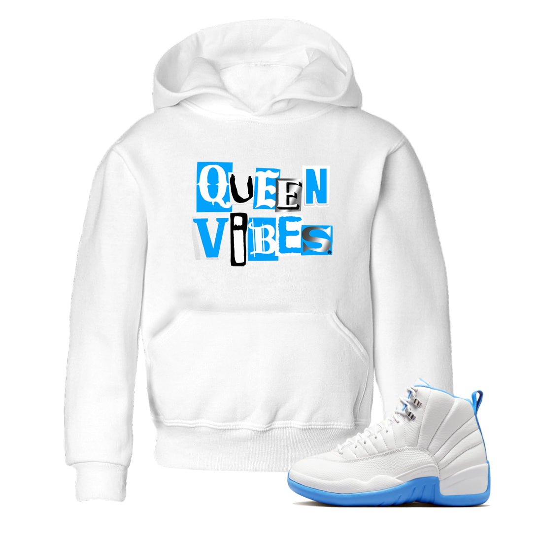 Queen Vibes baby and kids t-shirt crafted for little sneakerheads to shine with the Air Jordan 12 White and University Blue sneakers, displayed in White 1.