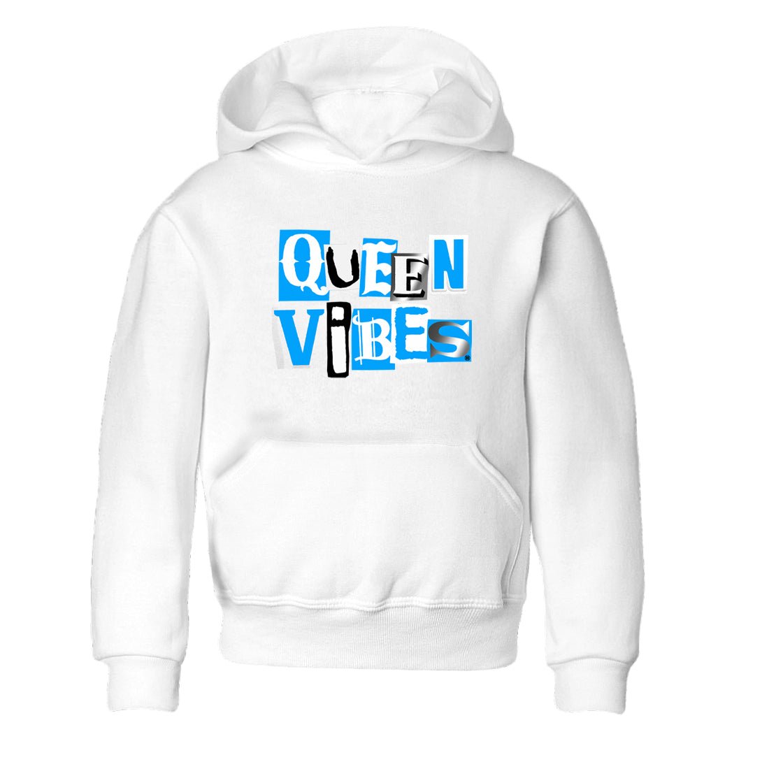 Queen Vibes baby and kids t-shirt crafted for little sneakerheads to shine with the Air Jordan 12 White and University Blue sneakers, displayed in White 2.