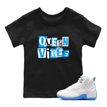 Queen Vibes baby and kids t-shirt crafted for little sneakerheads to shine with the Air Jordan 12 White and University Blue sneakers, displayed in Black 1.