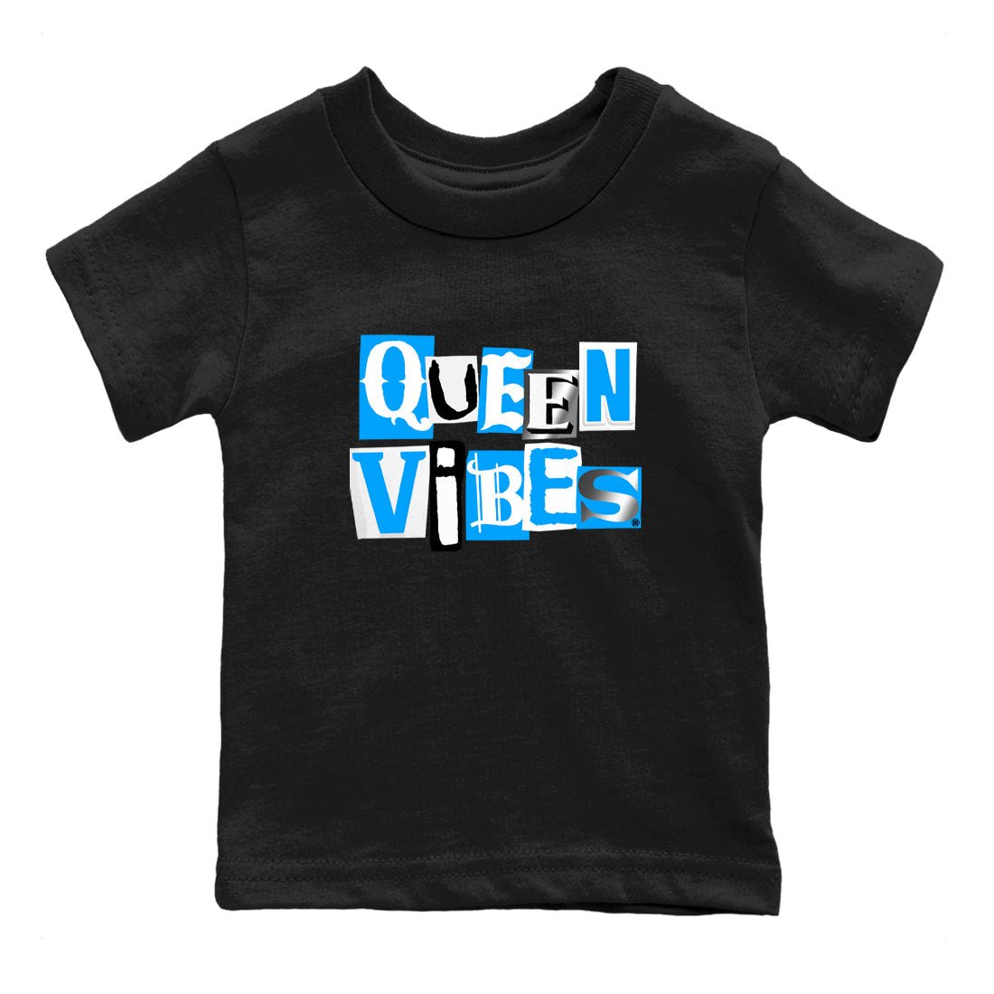 Queen Vibes baby and kids t-shirt crafted for little sneakerheads to shine with the Air Jordan 12 White and University Blue sneakers, displayed in Black 2.