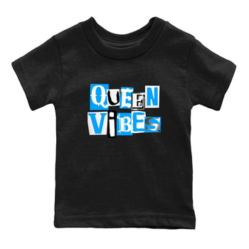 Queen Vibes baby and kids t-shirt crafted for little sneakerheads to shine with the Air Jordan 12 White and University Blue sneakers, displayed in Black 2.
