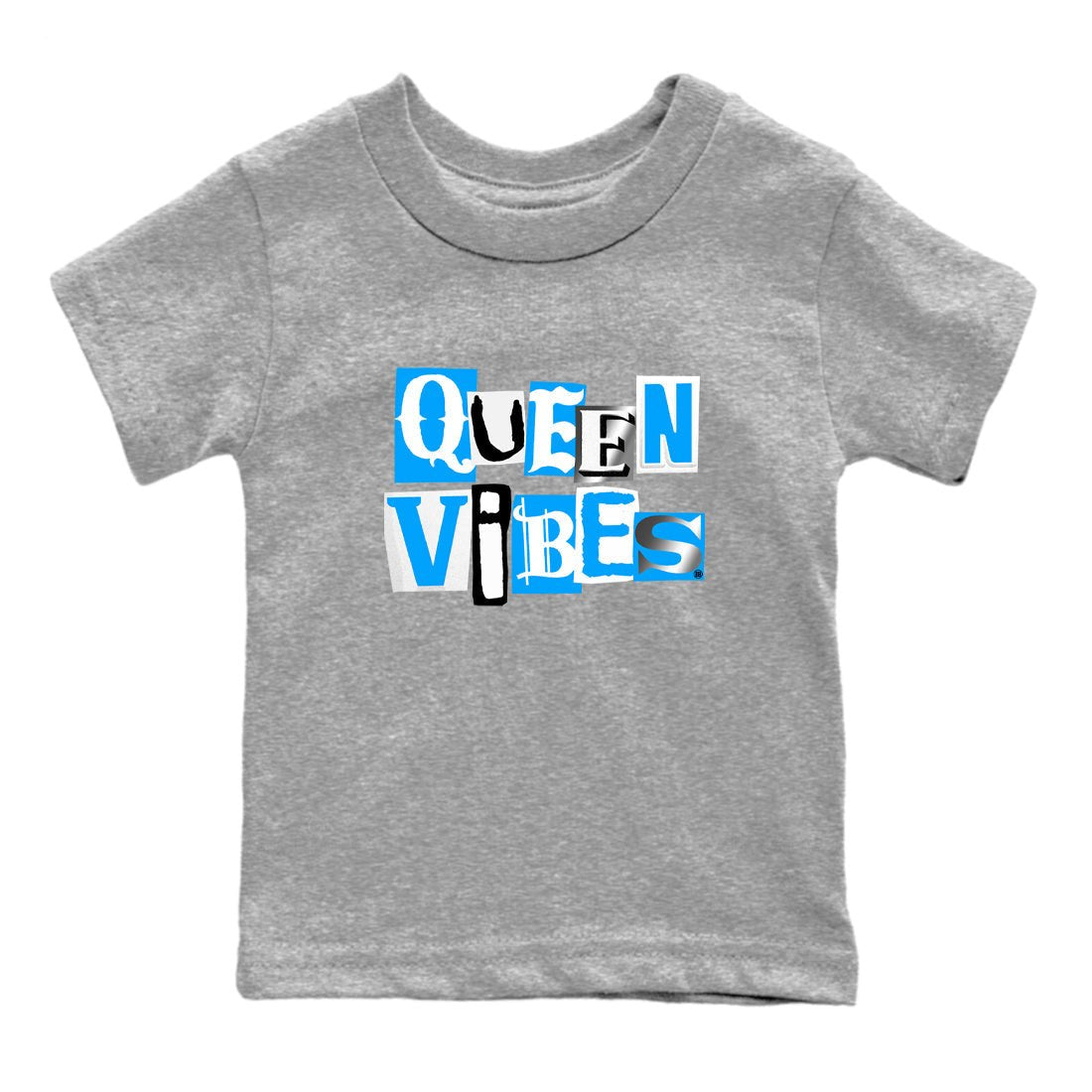 Queen Vibes baby and kids t-shirt crafted for little sneakerheads to shine with the Air Jordan 12 White and University Blue sneakers, displayed in Heather Grey 2.