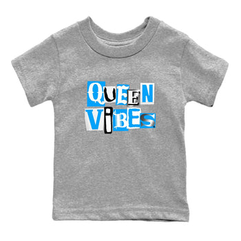 Queen Vibes baby and kids t-shirt crafted for little sneakerheads to shine with the Air Jordan 12 White and University Blue sneakers, displayed in Heather Grey 2.