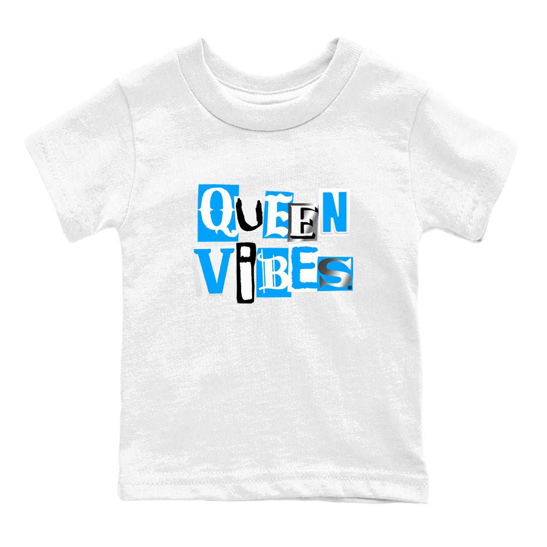 Queen Vibes baby and kids t-shirt crafted for little sneakerheads to shine with the Air Jordan 12 White and University Blue sneakers, displayed in White 2.