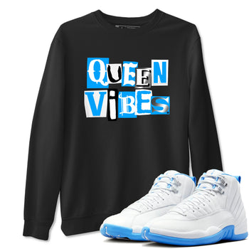Queen Vibes sneaker match t-shirt styled to complete your fit with the Air Jordan 12 White and University Blue sneakers, shown in Black 1.