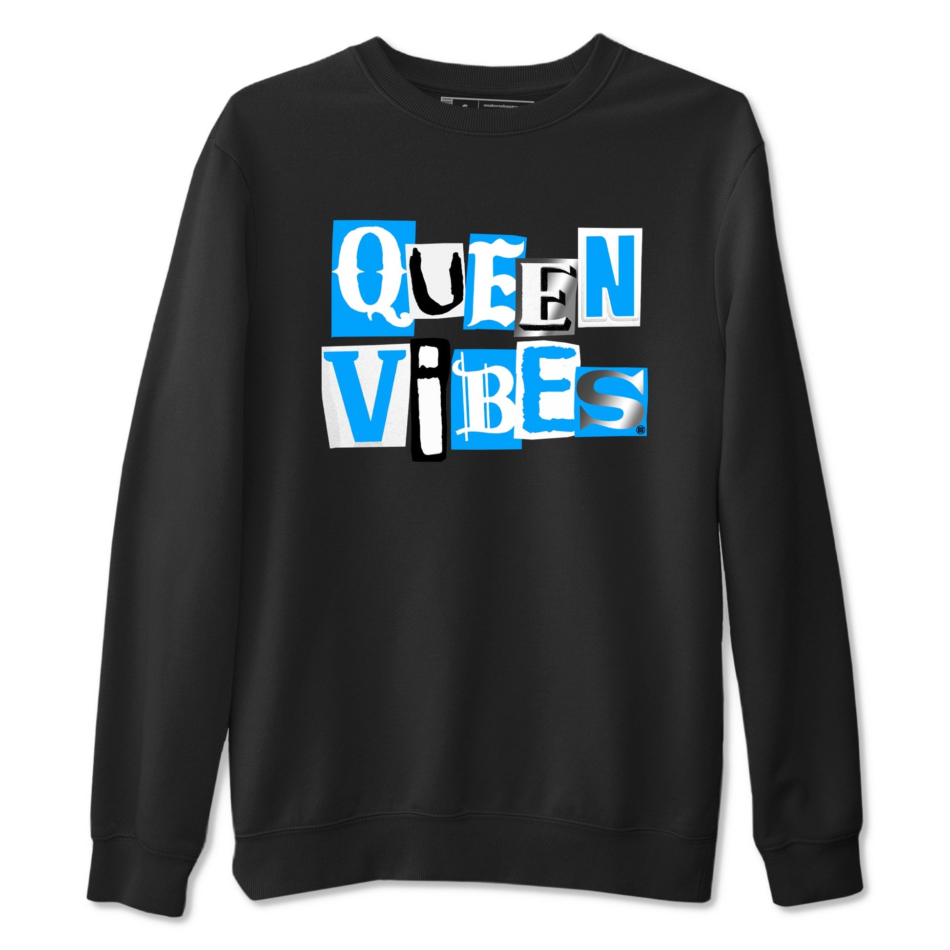 Queen Vibes sneaker match t-shirt styled to complete your fit with the Air Jordan 12 White and University Blue sneakers, shown in Black 2.