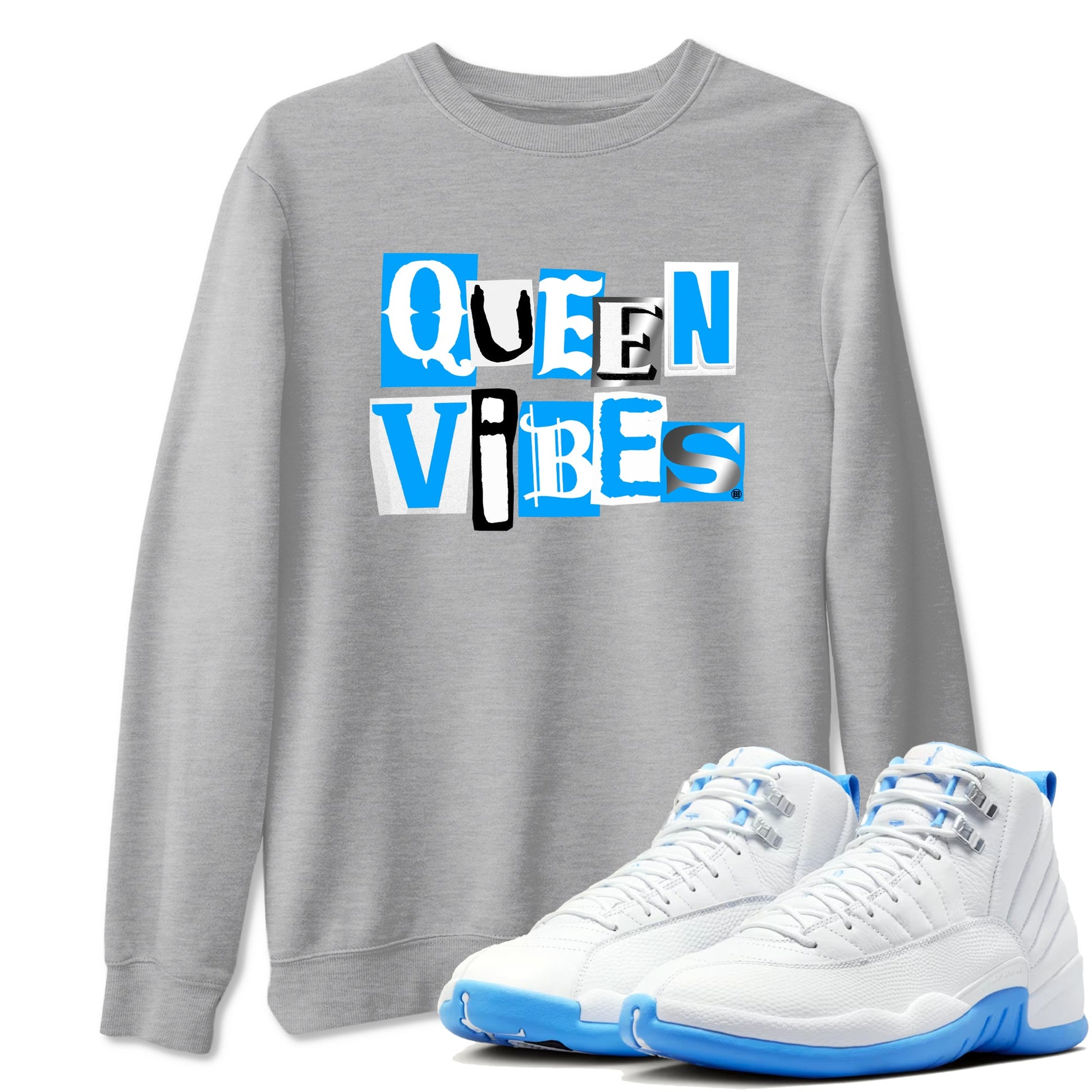 Queen Vibes sneaker match t-shirt styled to complete your fit with the Air Jordan 12 White and University Blue sneakers, shown in Heather Grey 1.
