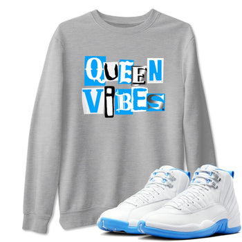 Queen Vibes sneaker match t-shirt styled to complete your fit with the Air Jordan 12 White and University Blue sneakers, shown in Heather Grey 1.
