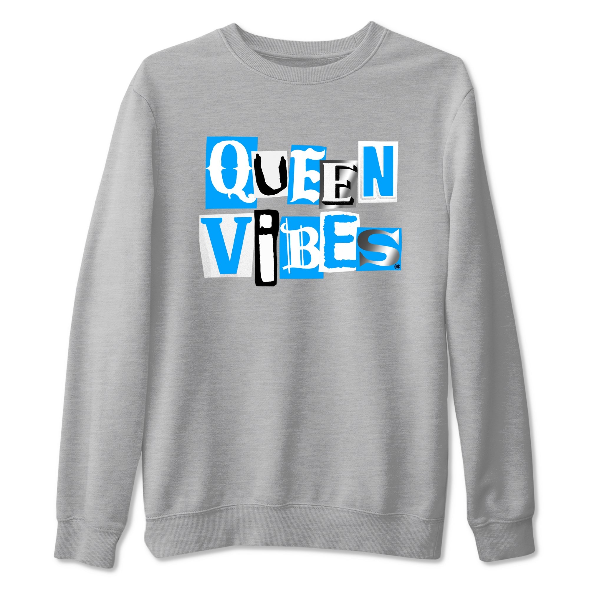 Queen Vibes sneaker match t-shirt styled to complete your fit with the Air Jordan 12 White and University Blue sneakers, shown in Heather Grey 2.
