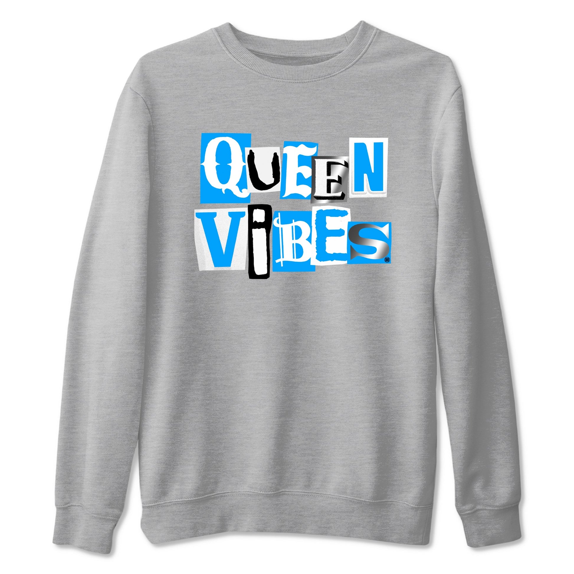 Queen Vibes sneaker match t-shirt styled to complete your fit with the Air Jordan 12 White and University Blue sneakers, shown in Heather Grey 2.