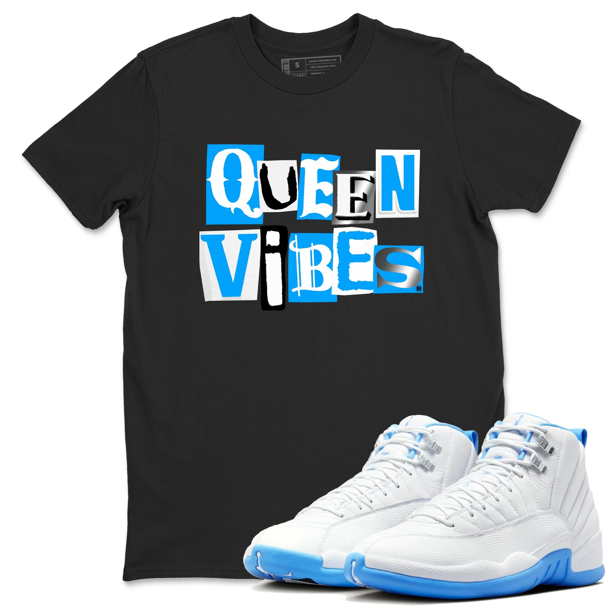 Queen Vibes sneaker match t-shirt styled to complete your fit with the Air Jordan 12 White and University Blue sneakers, shown in Black 1.