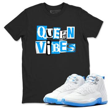 Queen Vibes sneaker match t-shirt styled to complete your fit with the Air Jordan 12 White and University Blue sneakers, shown in Black 1.