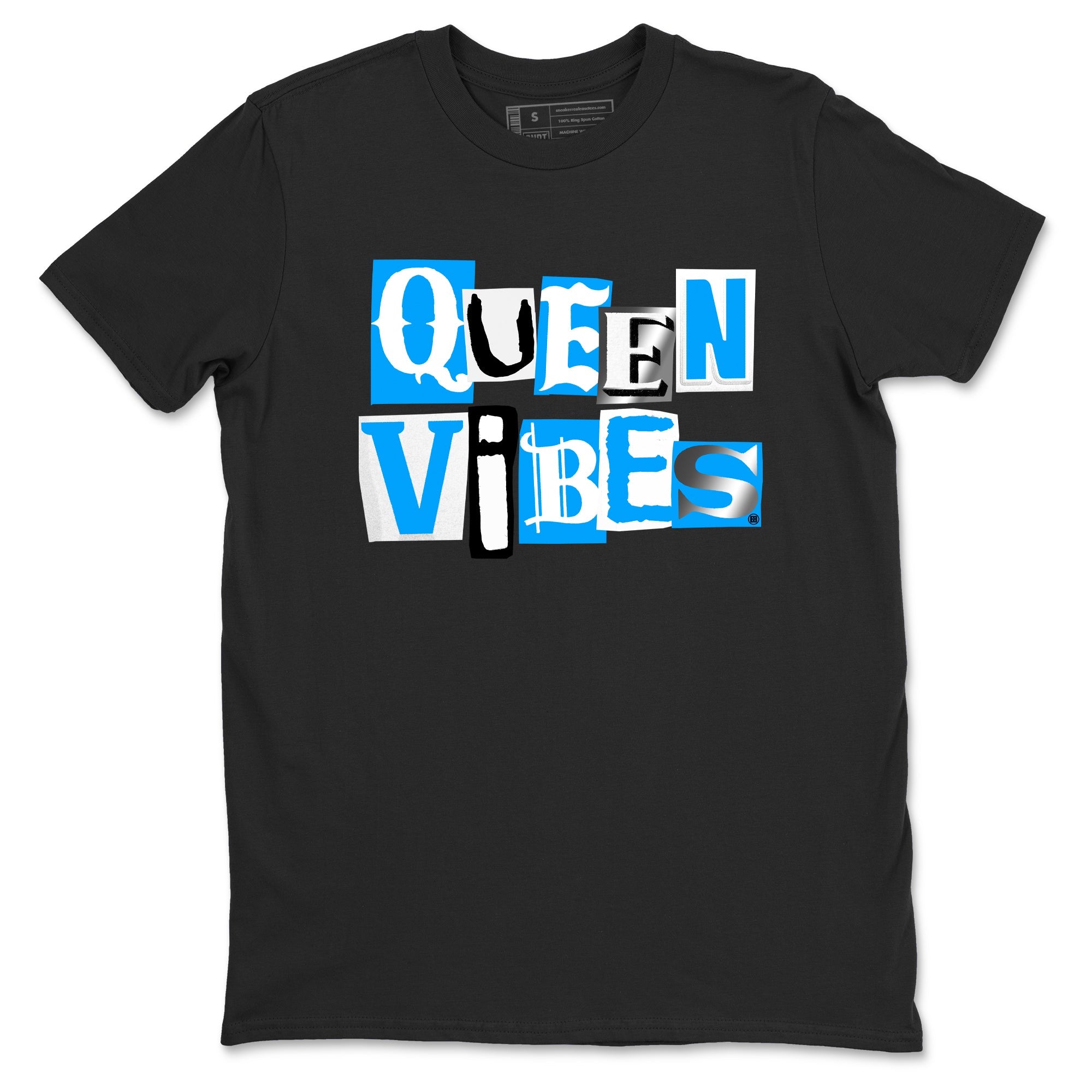 Queen Vibes sneaker match t-shirt styled to complete your fit with the Air Jordan 12 White and University Blue sneakers, shown in Black 2.