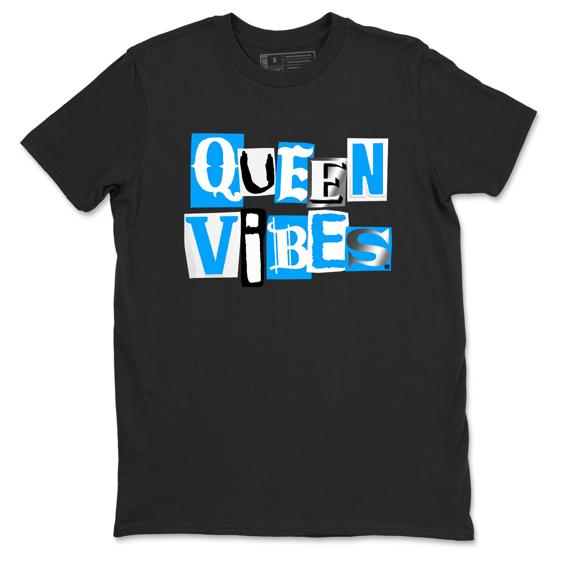 Queen Vibes sneaker match t-shirt styled to complete your fit with the Air Jordan 12 White and University Blue sneakers, shown in Black 2.