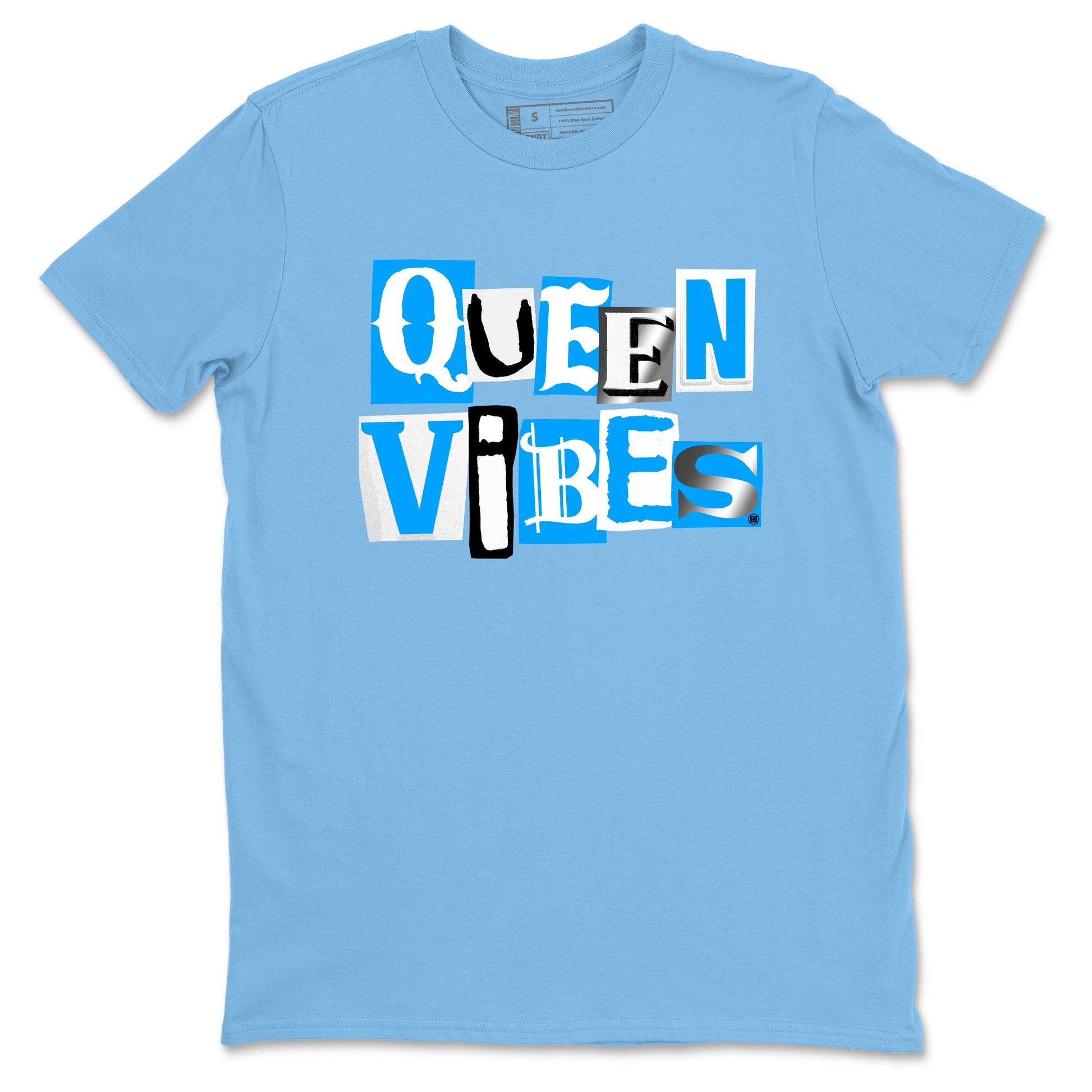 Queen Vibes sneaker match t-shirt styled to complete your fit with the Air Jordan 12 White and University Blue sneakers, shown in Carolina Blue 2.