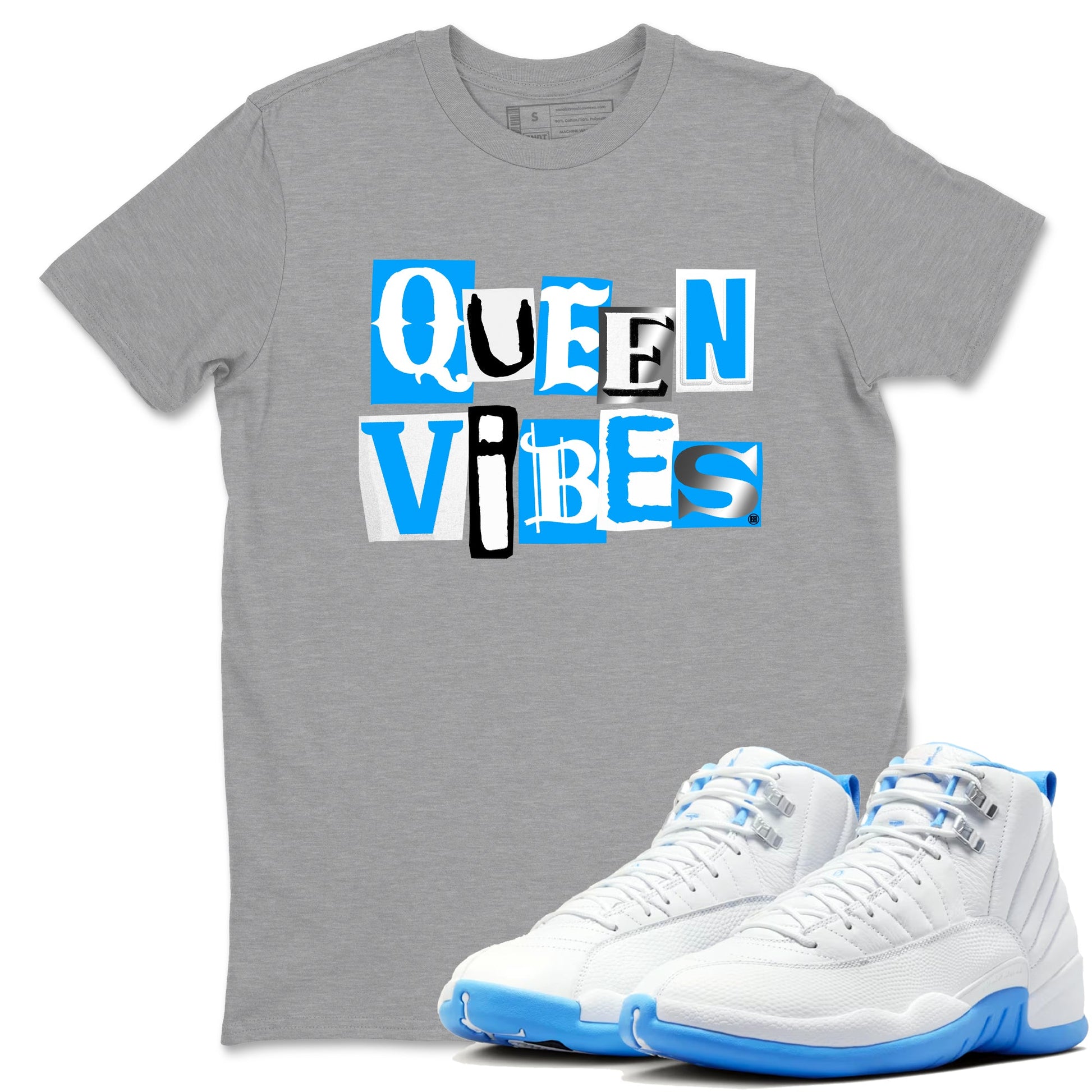 Queen Vibes sneaker match t-shirt styled to complete your fit with the Air Jordan 12 White and University Blue sneakers, shown in Heather Grey 1.