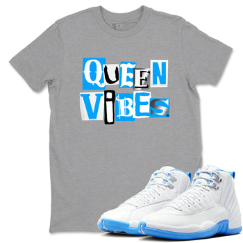 Queen Vibes sneaker match t-shirt styled to complete your fit with the Air Jordan 12 White and University Blue sneakers, shown in Heather Grey 1.