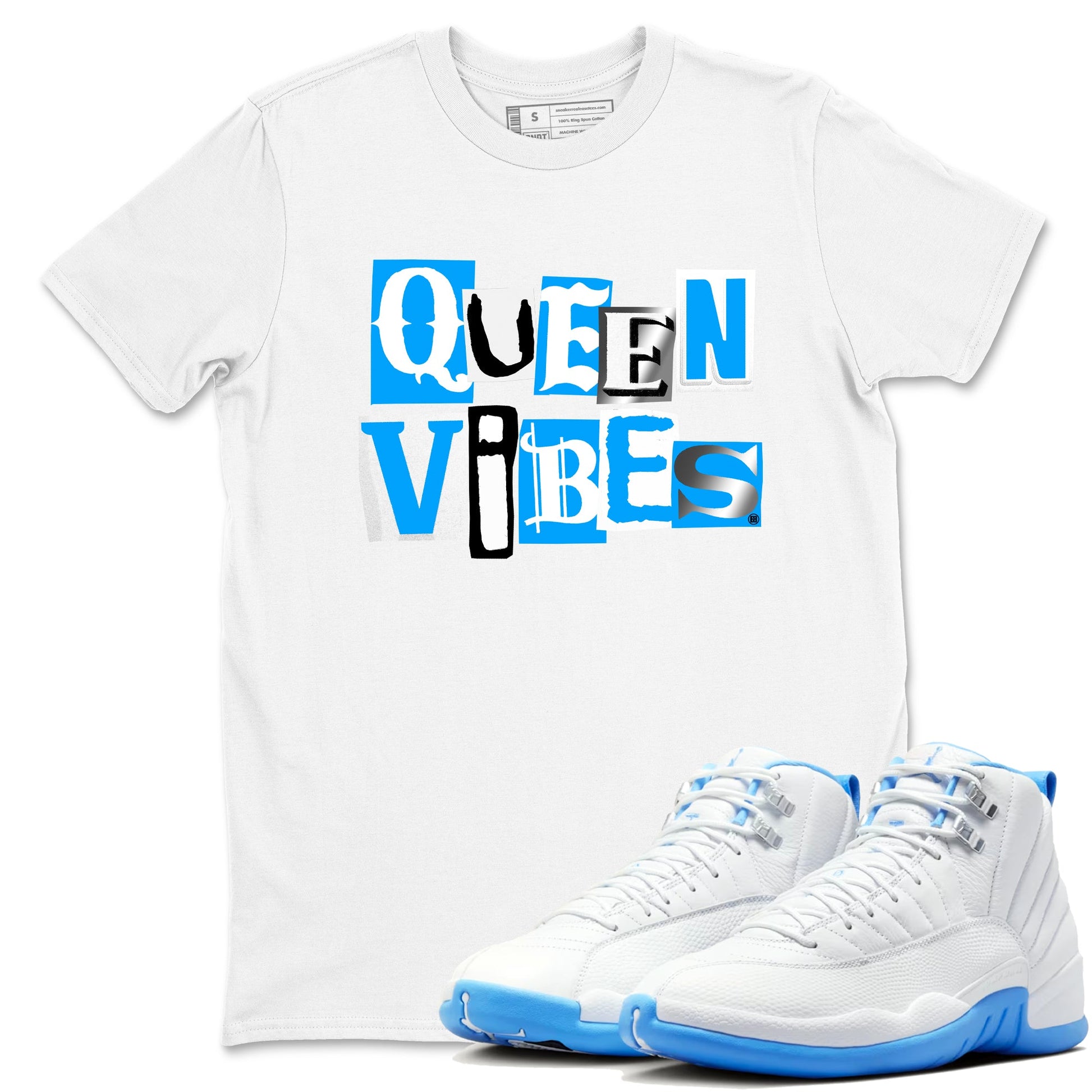 Queen Vibes sneaker match t-shirt styled to complete your fit with the Air Jordan 12 White and University Blue sneakers, shown in White 1.