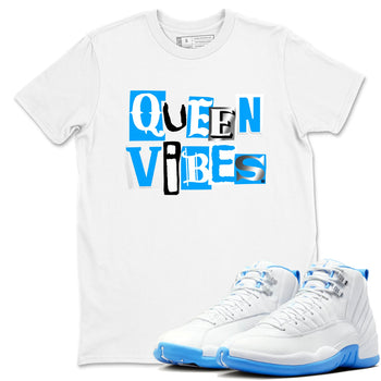 Queen Vibes sneaker match t-shirt styled to complete your fit with the Air Jordan 12 White and University Blue sneakers, shown in White 1.