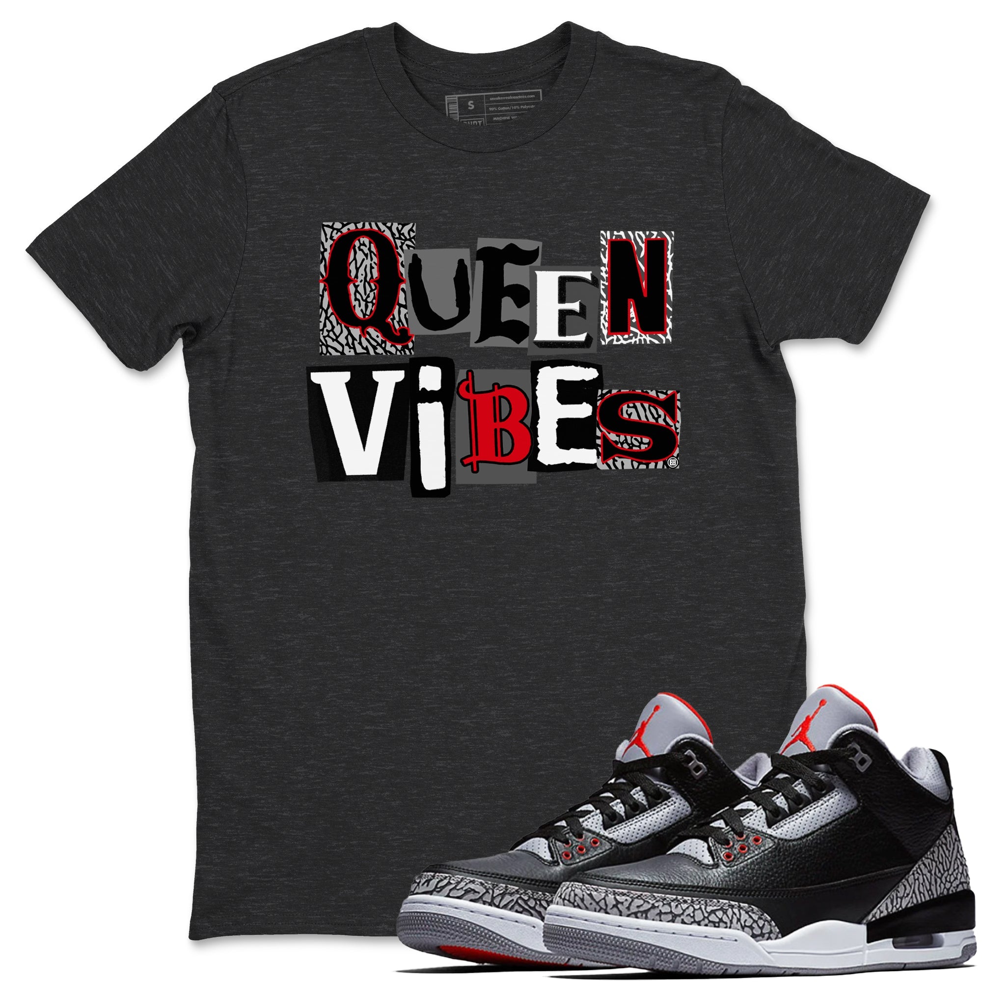 3s Black Cement shirts to match jordans Queen Vibes sneaker match tees Jordan 3 Retro Black Cement SNRT Sneaker Release Tees unisex cotton Charcoal Heather 1 crew neck shirts