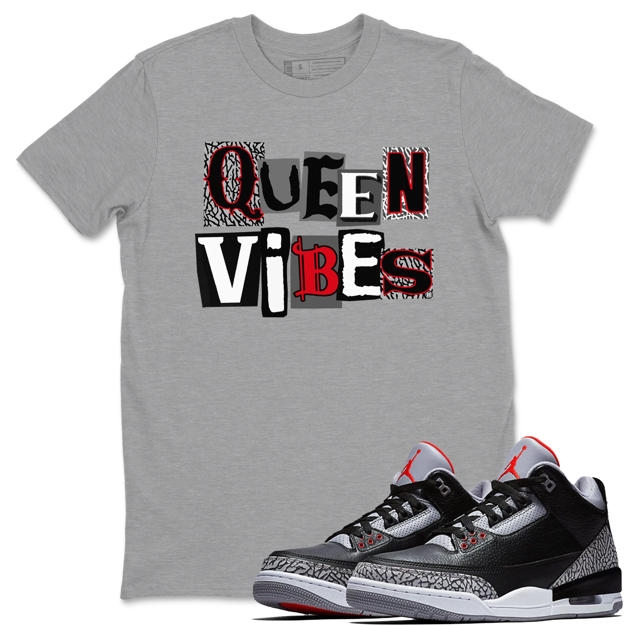 3s Black Cement shirts to match jordans Queen Vibes sneaker match tees Jordan 3 Retro Black Cement SNRT Sneaker Release Tees unisex cotton Heather Grey 1 crew neck shirts