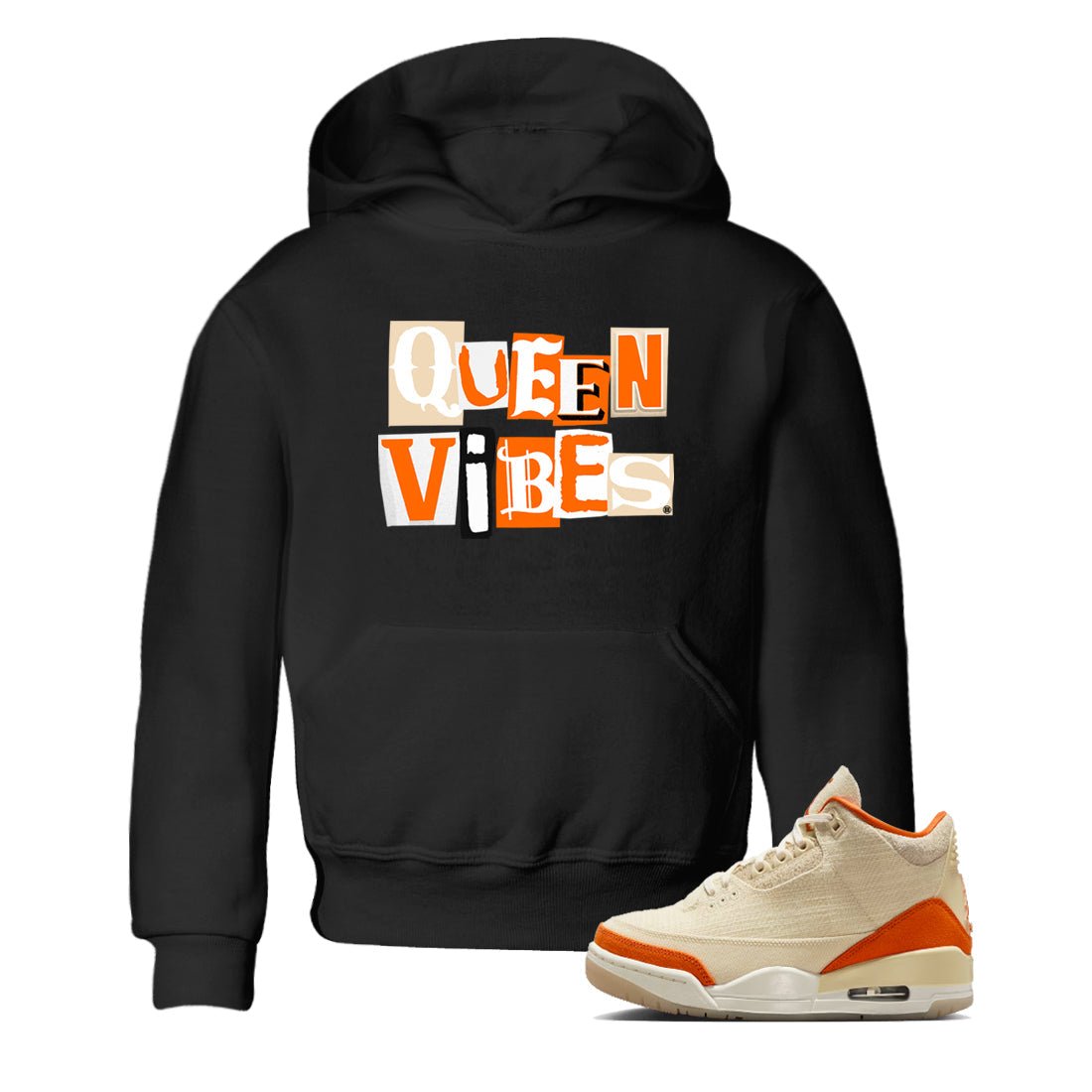 Queen Vibes baby and kids t-shirt crafted for little sneakerheads to shine with the Air Jordan 3 Starfish sneakers, displayed in Black 1.