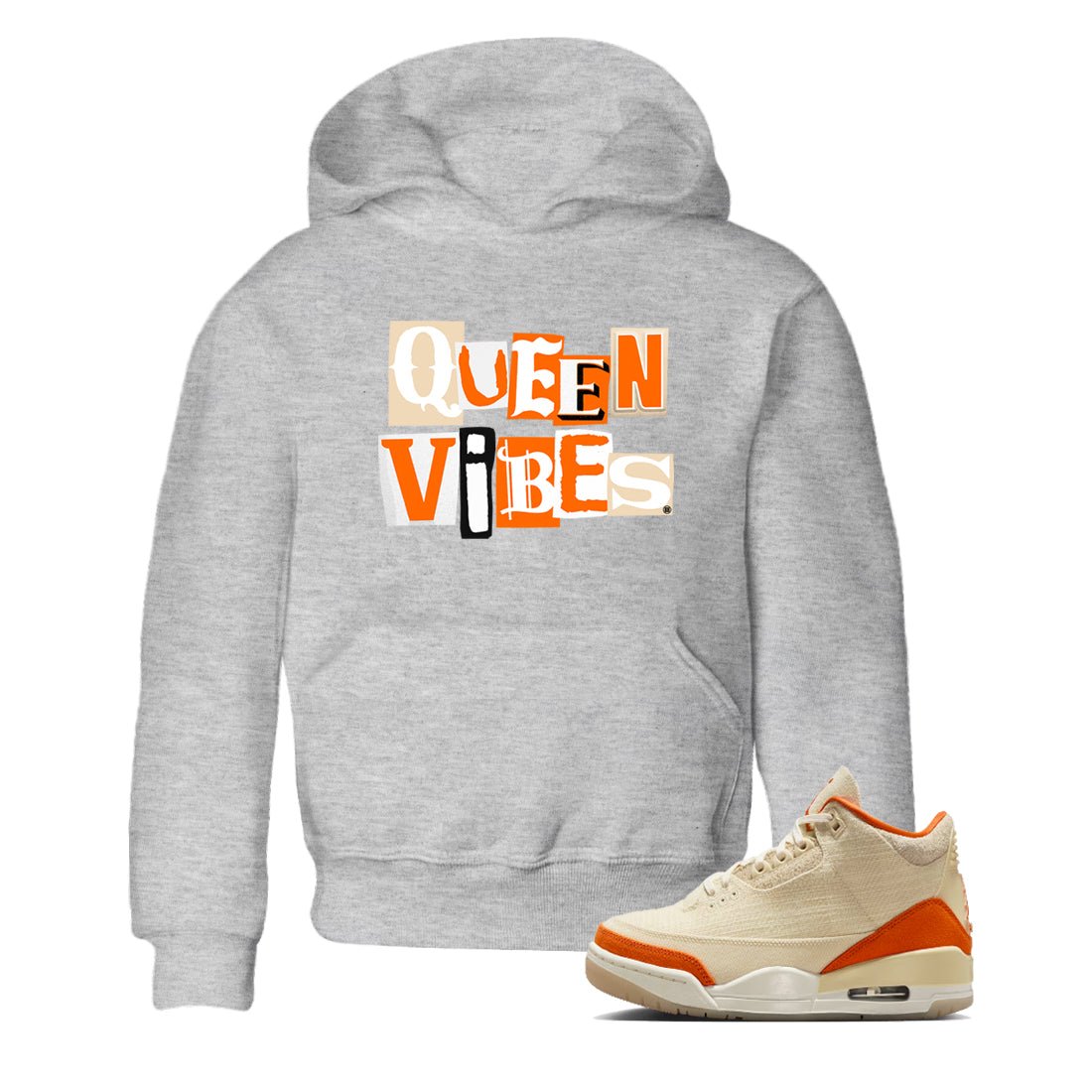 Queen Vibes baby and kids t-shirt crafted for little sneakerheads to shine with the Air Jordan 3 Starfish sneakers, displayed in Heather Grey 1.