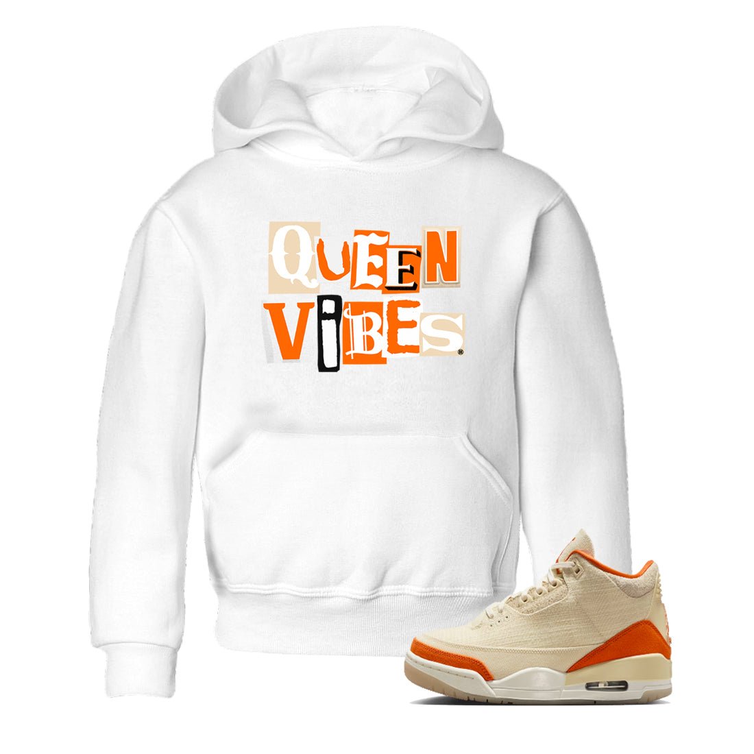 Queen Vibes baby and kids t-shirt crafted for little sneakerheads to shine with the Air Jordan 3 Starfish sneakers, displayed in White 1.